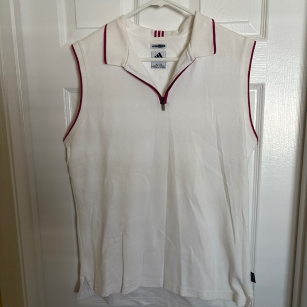 Adidas Climalite Golf Shirt Size XL, White with Dark Red Trim Zip Collar